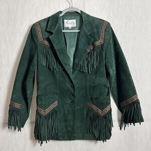 Scully Women's 10 Green Genuine Leather Navajo Patch Pocket Up Fringe Jacket